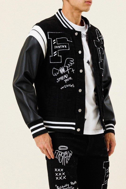 Multi Patch Varsity Black Denim Jacket