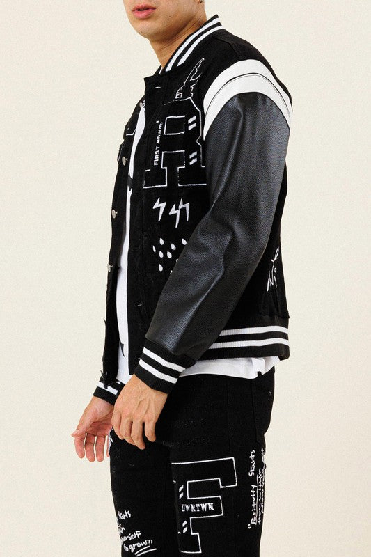 Multi Patch Varsity Black Denim Jacket