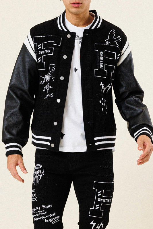 Multi Patch Varsity Black Denim Jacket