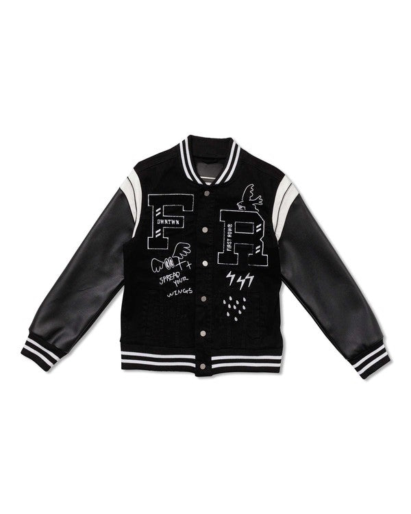 Multi Patch Varsity Black Denim Jacket